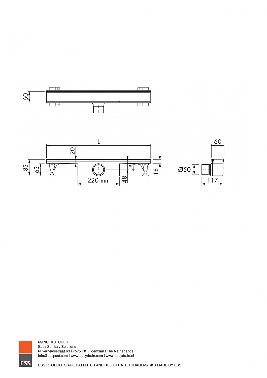 Easy Drain Compact 50 douchegoot 80cm RVS m. zijuitloop